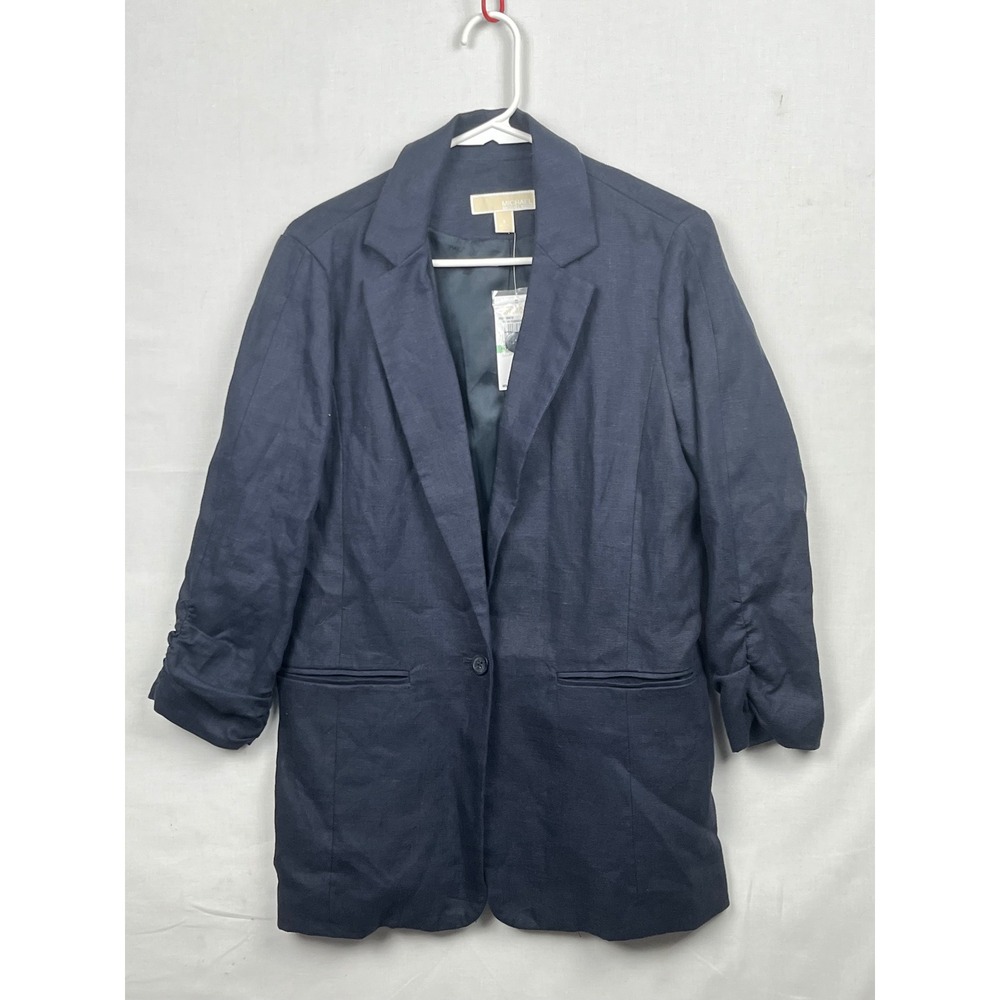 Michael Michael Kors Blazer Womens 8 Ruched Sleeve Linen‎ New Navy MS61199A19